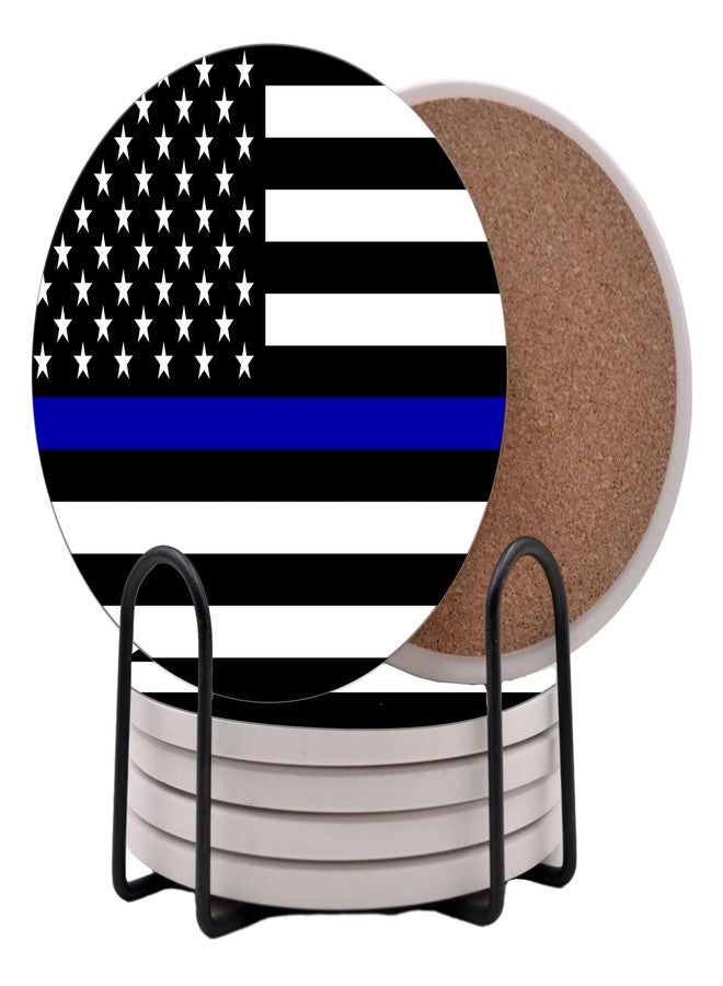 DAJDC Thin Blue Line Police Officers Round Coasters Set of 6 - Abosrbent Ceramic with Metal Stand for Drinks, Coffee, Non-Slip Cork Back for Tabletop Protection, 4 Inches - Image 1